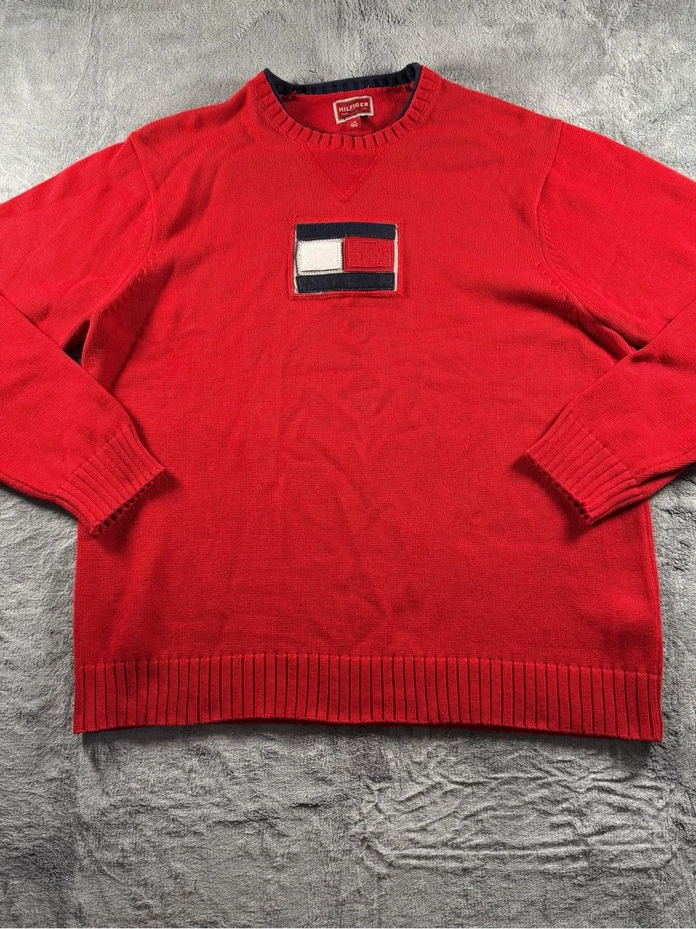 Tommy Hilfiger Big Logo Color Block Red Sweater Vtg Varsity Mens L Hip Hop 90s